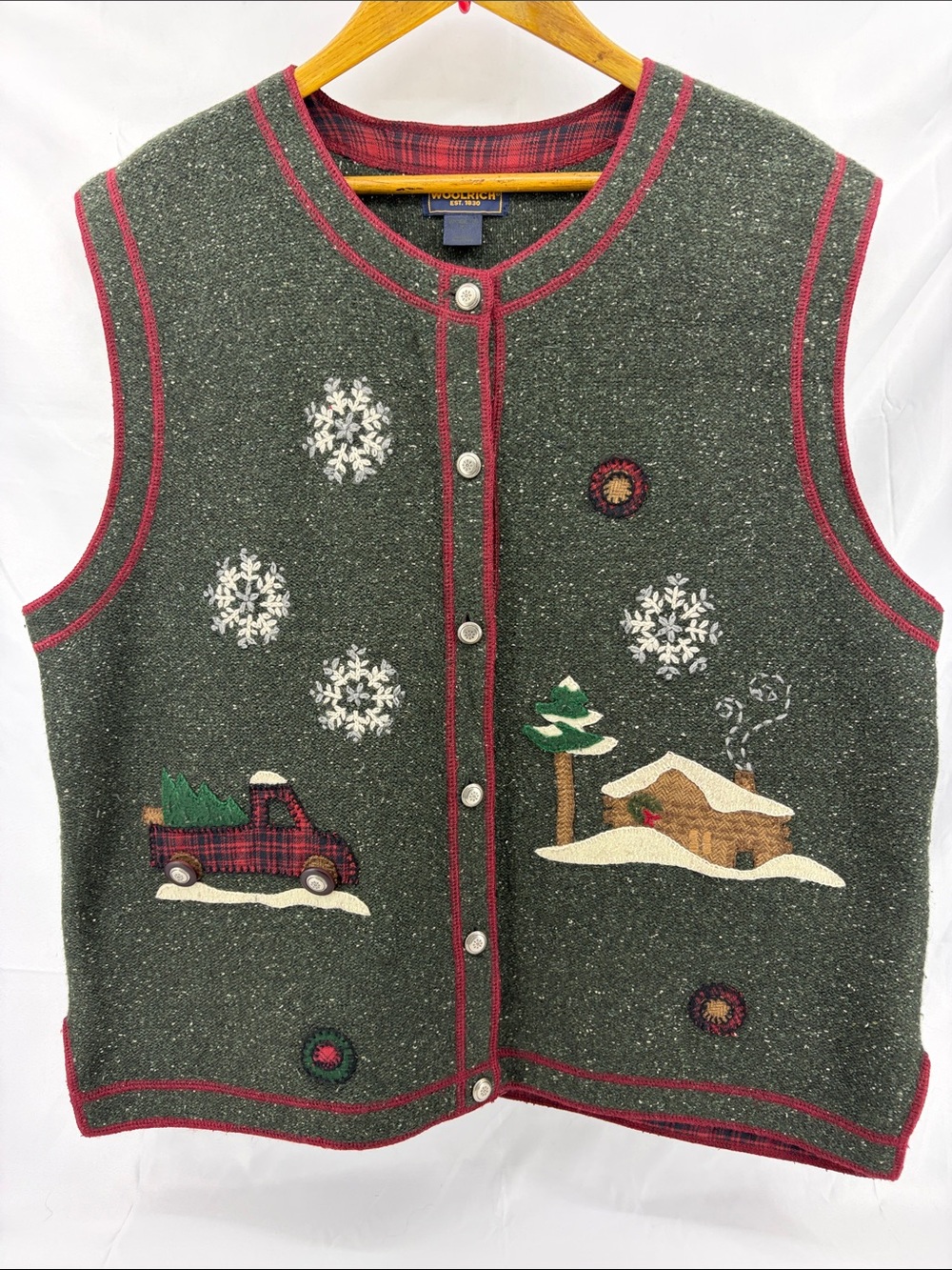 Vintage Woolrich Wool & Silk Christmas Winter Knit Cardigan Vest Holly Green, XL